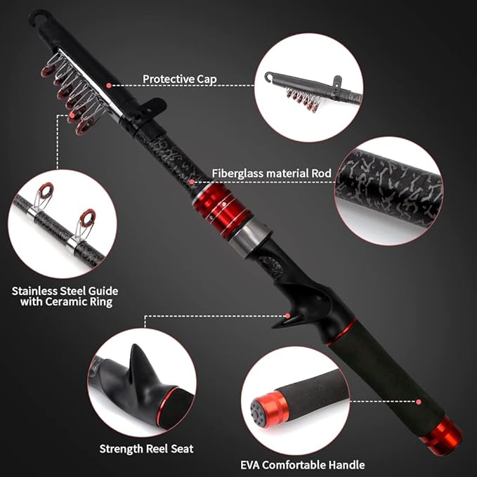 Telescopic Fishing Rod and Reel Combos, Carbon Fiber Fishing Rod with Stainless Steel Baitcasting Reel, Portable Fishing Pole Reel Combo for Travel Saltwater Freshwater Fishing Gifts for Men