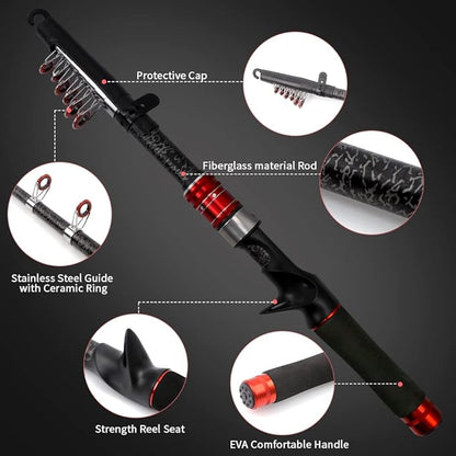 Telescopic Fishing Rod and Reel Combos, Carbon Fiber Fishing Rod with Stainless Steel Baitcasting Reel, Portable Fishing Pole Reel Combo for Travel Saltwater Freshwater Fishing Gifts for Men