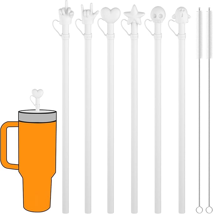 Halloween Party Favors 2025, Doboli Replacement 12 Inch Long Silicone Straw With Cover, Compatible with Stanley Owala 40 oz 30 oz Cup Tumbler, Funny 6 Pack Reusable Straw with Cleaning Brush