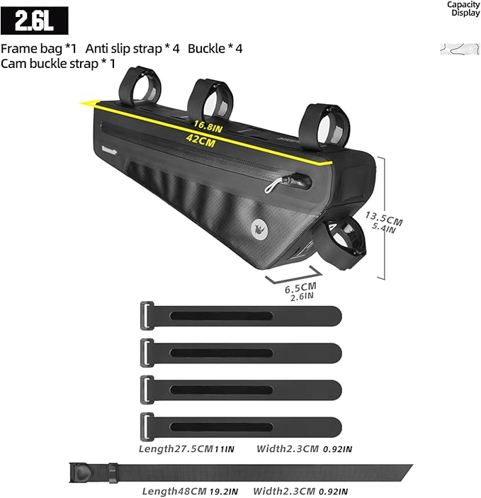 Rhinowalk Bike Triangle Frame Bag Waterproof IPX4 Slim Fit Cycling Storage Pouch for MTB & Road Bikes (Size 2.6L)