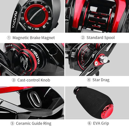 YACUYU Fishing Reels Baitcaster Reel - 7.3:1 Gear Ratio Magnetic Braking System Carbon Fiber Drag Low Profile 6+1 Ball Bearings Fish Casting Baitcasting Fishing Reel