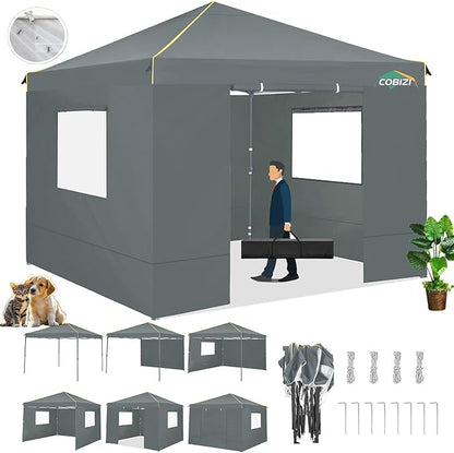 COBIZI 10x10 Pop Up Canopy Tent with 4 Sidewalls and Mesh Windows 2.0, Waterproof Commercial Instant Gazebo Outdoor Tents for Party/Exhibition/Picnic with Carry Bag,4 Stakes & Ropes (Gray)