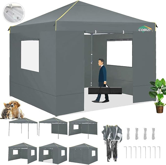 COBIZI 10x10 Pop Up Canopy Tent with 4 Sidewalls and Mesh Windows 2.0, Waterproof Commercial Instant Gazebo Outdoor Tents for Party/Exhibition/Picnic with Carry Bag,4 Stakes & Ropes (Gray)