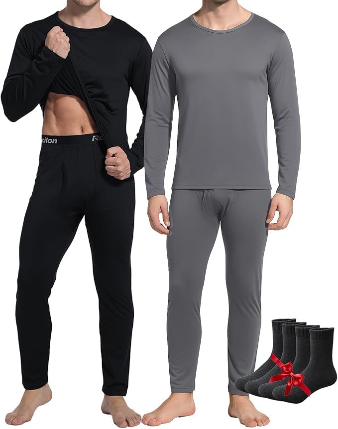2 Pack Thermal Underwear Long Johns for Men Fleece Lined Base Layer Tops and Bottoms Set Cold Weather Winter Gear