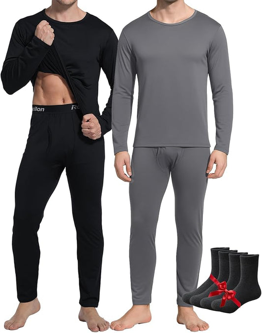 2 Pack Thermal Underwear Long Johns for Men Fleece Lined Base Layer Tops and Bottoms Set Cold Weather Winter Gear