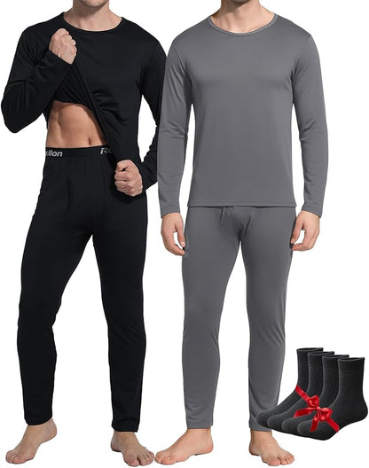 2 Pack Thermal Underwear Long Johns for Men Fleece Lined Base Layer Tops and Bottoms Set Cold Weather Winter Gear