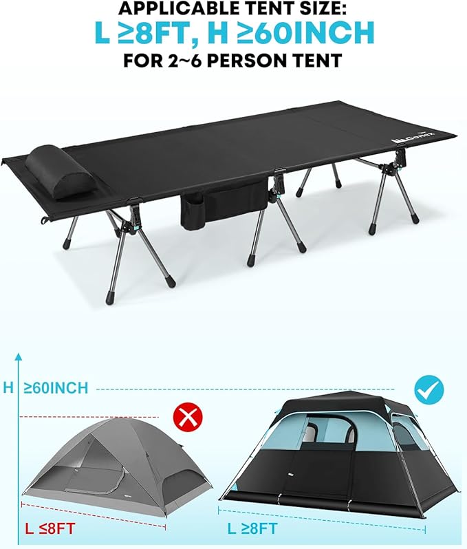 Gonex 31.5" Extra Wide Camping Cot with Leg Extenders 2 in 1 Portable Folding Cot for Adults Height Adjustable Supports 350lbs Sleeping Bed for Backpacking Travel Beach Home (Black)