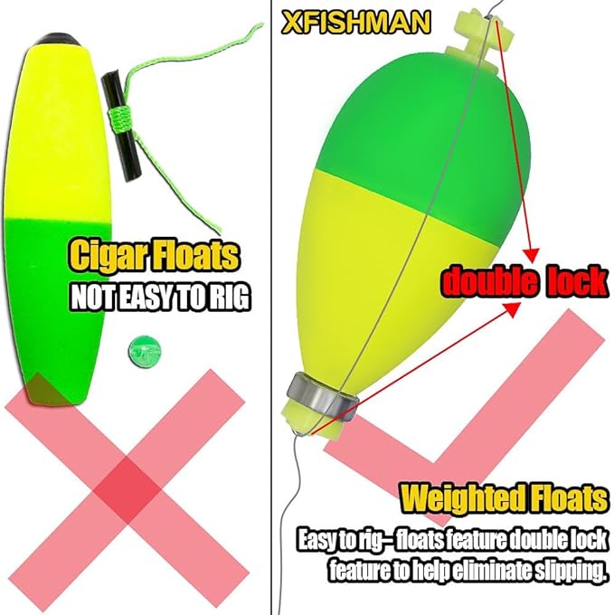 XFISHMAN Weighted-Bobbers-for-Fishing-Floats-Bouy Slip Bobber Fishing Corks Kit Crappie Bluegills Panfish Catfish Hand Made Foam Float 1 Inch 2 in 8-12 Pack