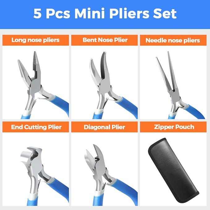LIFEGOO 5 Pieces Mini Pliers Set – Durable Precision Tool Kit for Crafts, Jewelry & DIY, Includes Long Needle Nose, Bent Nose, Diagonal, End Cutting, Nipper (Blue)