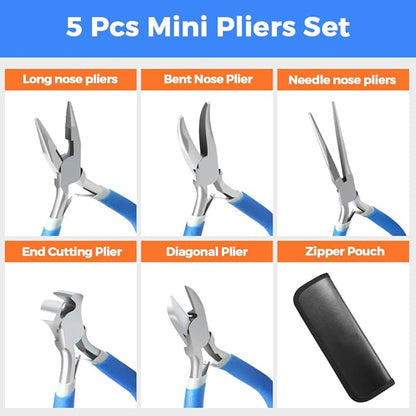 LIFEGOO 5 Pieces Mini Pliers Set – Durable Precision Tool Kit for Crafts, Jewelry & DIY, Includes Long Needle Nose, Bent Nose, Diagonal, End Cutting, Nipper (Blue)