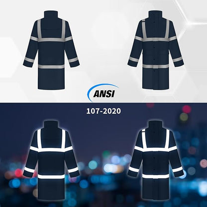 TCCFCCT Rain Suits Heavy Duty Rain Jackets with Hood, Waterproof, Hi Vis, Long Safety Coats for Women & Men, Navy Blue, XL