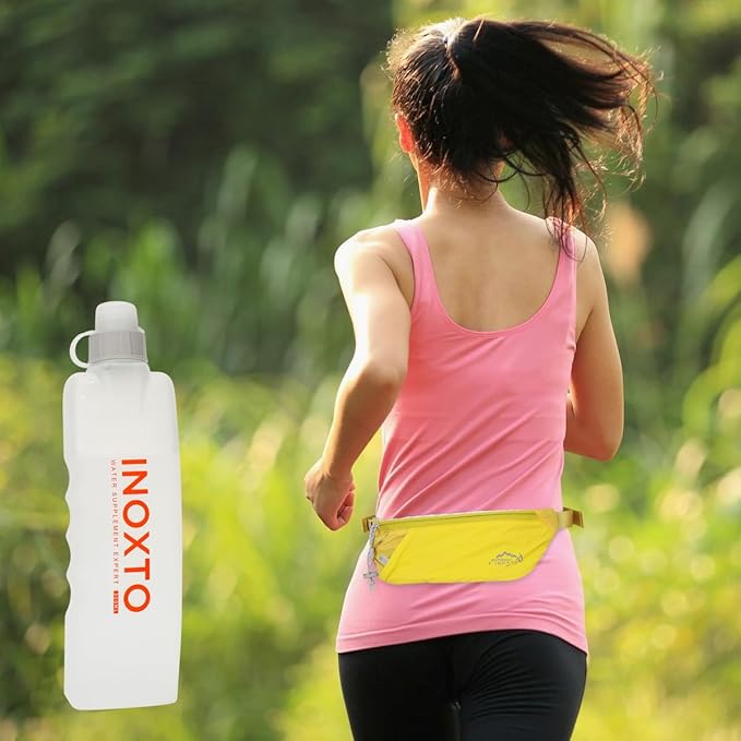 INOXTO Slim Running Belt Fanny Pack for Women and Men Sports Waist Bag Pack with 300ml Water Bottle for Running Walking Cycling Hiking Reflective Running Pouch Belt for All Phones (Yellow)