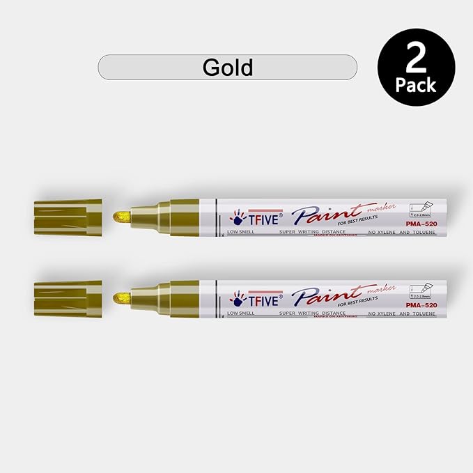 TFIVE Gold Permanent Paint Marker Pens - 2 Count Oil Based Marker Pen, Medium Tip, Waterproof & Quick Dry, for Office, Art projects, Rock Painting, Ceramic, Glass, Wood, Plastic, Metal, Canvas