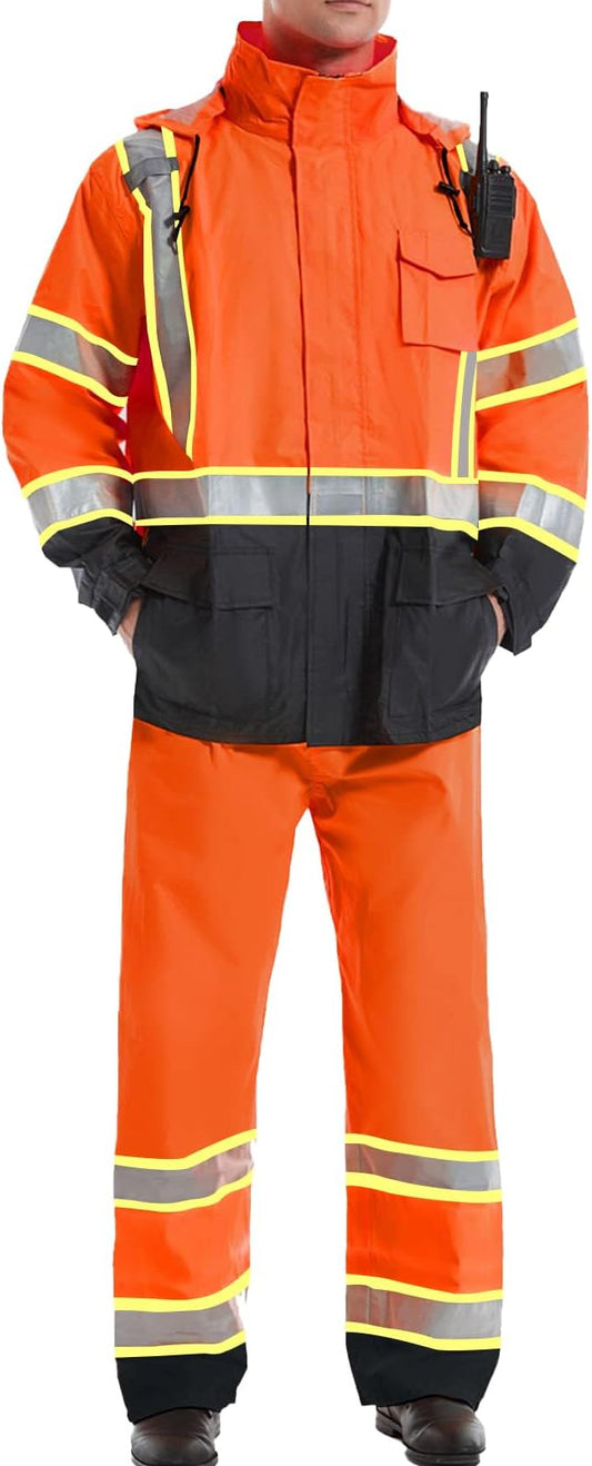 SKSAFETY Hi Vis Reflective Rain suits for Men Waterproof - High Vis Safety Rain Jacket, High Visibility Raincoat for Men