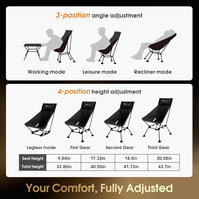 MOON LENCE Oversized Camping Chair with Pillow for Adults, Height Adjustable High-Back Folding Camping Chair with 400 lbs Capacity, Hidden Pillow Pocket for Camping, Hiking, Picnics, Black