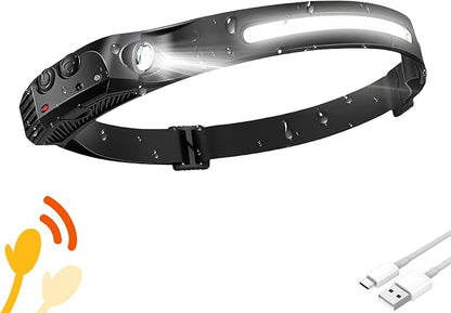 Headlamp 1PCS, 230° Wide Beam Head Lamp, Motion Sensor LED Headlamp Rechargeable, 5 Mode Headlight Flashlight for Camping Fishing Hiking Gear, Bright, and Ideal for Hard Hats and Forehead Use!