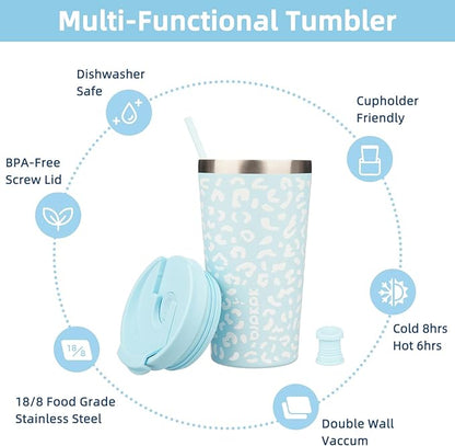 BJPKPK 18oz Tumbler With lid And Straw Stainless Steel Travel Coffee Mug Insulated Tumblers Cups,Light Blue Leopard