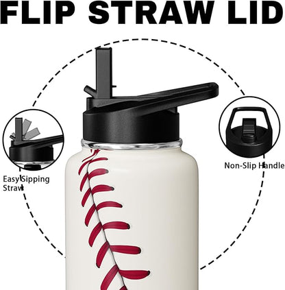 Baseball Water Bottle 32oz Insulated Sports Water Bottles Baseball Gifts for Men Women Gift for Coach Lovers Fan Players Stuff Accessories for Boys Girls