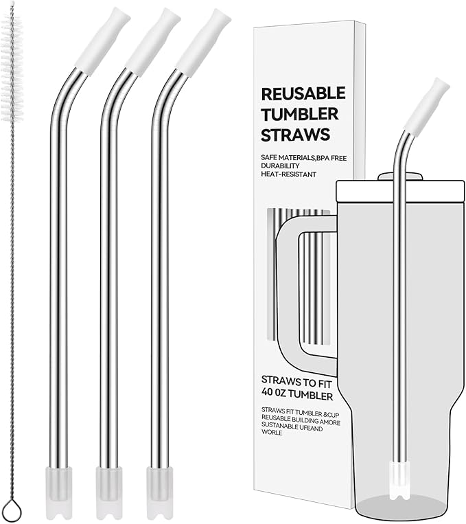 Reusable Stainless Steel Straws with Silicone Tip for Stanley 40oz, Metal Drinking Straws for 40oz Tumbler,3 Bent Tubes & 6 Tips& 1 Cleanr Brush (White)