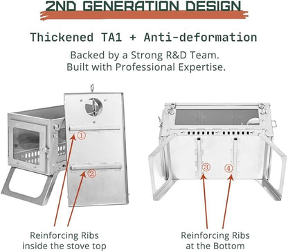 FireHiking Ultralight Wood Stove (2nd Gen) LANK Mini Camping Titanium Tent Stove Thickened TA1 Anti-deformation Folding Portable Wood Burning Stove