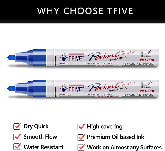 TFIVE Blue Permanent Paint Marker Pens - 2 Count Oil Based Marker Pen, Medium Tip, Waterproof & Quick Dry, for Office, Art projects, Rock Painting, Ceramic, Glass, Wood, Plastic, Metal, Canvas
