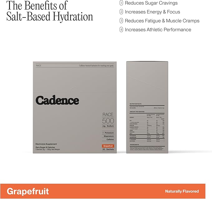 Cadence Sachets Race Grapefruit - Carton (5g x 30) | Science-Backed Hydration | Zero Caffeine | Vegan, Keto & Paleo Friendly | Sodium, Potassium & Magnesium for Performance & Recovery