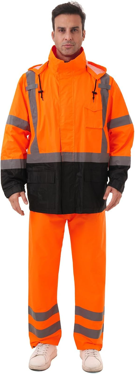 Hi Vis Safety rain Jacket，Reflective Class 3 Rain coat with Inner Mesh Lining and Pockets High Visibility Waterproof work Rain Suits for men&women（Tangerine,4XL/5XL）