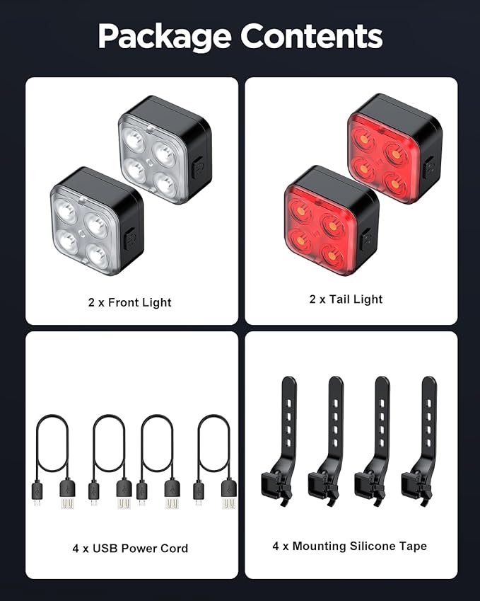 Akale Bike Lights Set, Rechargeable Bicycle Lights Front and Rear, 4 Light Mode Options, Bike Headlight, IPX4 Waterproof, Easy to Install for Men Women Road （ 2 Pack ）