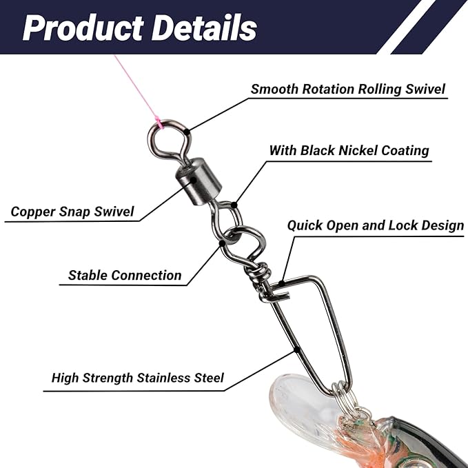 QISHUO Barrel Stainless Snap Swivels Strength Saltwater Lure Connector Fishing Steel Clips Fishing Swivel Rolling Black Nickel