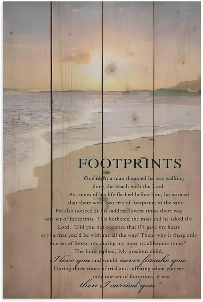 Footprints in the Sand Religious Canvas Wall Art Posters, Inspirational Beach Sunset Poem Print Poster (Unframed 16x24inch, Footprints(1))