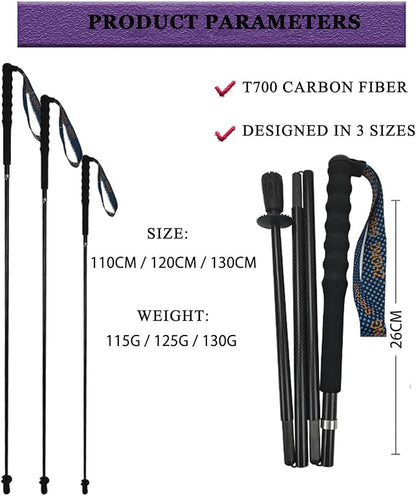 Ultra light hiking poles, collapsible, set of 2, ultra light carbon fibre, hiking poles with moisture absorbing handle, with storage bag, suitable for cross-country, mountaineering and camping