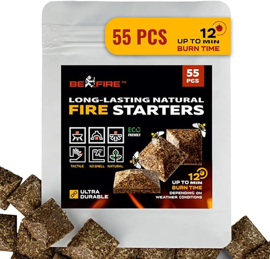 Fire Starter • 55 pcs Natural Fire Starters up to 12 Min Burn Time Firestarters for Indoor Fireplace, Campfires & Camping, Wood Stove, Grill