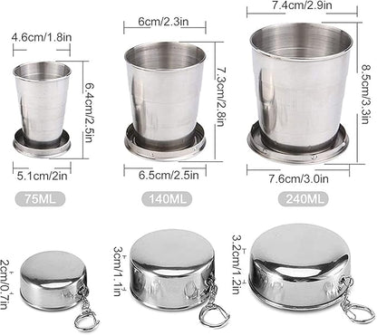 Guyuyii 3 Pack Collapsible Cups – Stainless Steel Collapsible Cup with Lid and Keychain for Camping, Hiking, Outdoor Activities, and Daily Use – 3 Sizes (75ml, 150ml, 240ml)