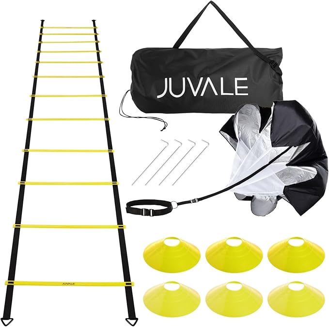 Juvale Adjustable Agility Ladder Set - Football Footwork Ladder Drills - Agility Cone Drills for Soccer Training - Parachute Speed Training - 20 Ft, 6 Cones & Parachute