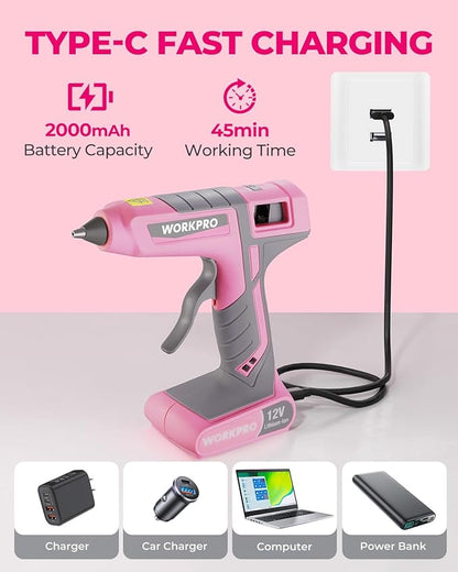 WORKPRO Full Size Cordless Hot Melt Glue Gun - 12V Rechargeable Fast Preheating Glue Gun Kit with 15pcs Full Size Glue Sticks, Auto Power-off Glue Gun for DIY Project, Art, Craft - Pink Ribbon