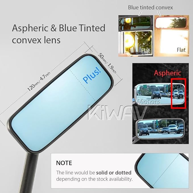 KiWAV Motorcycle Mirrors Rectangular ClassicPlus Black Convex Aspherical Anti-Glare Blue Tinted Glass Longer Stem 10mm 5/16 Inches Adapters for Cafe Racer Bobber Chopper Road Bike Pack of Pair