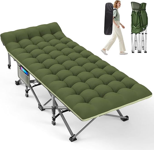 ZENPETIO Camping Cot for Adults - Heavy-Duty Cot Bed with Mattress, Portable Sleeping Cots for Outdoor Indoor, 1200D Oxford Folding Cots for Home Travel, Max load 500LBS, Fits People up to 6'3", Green