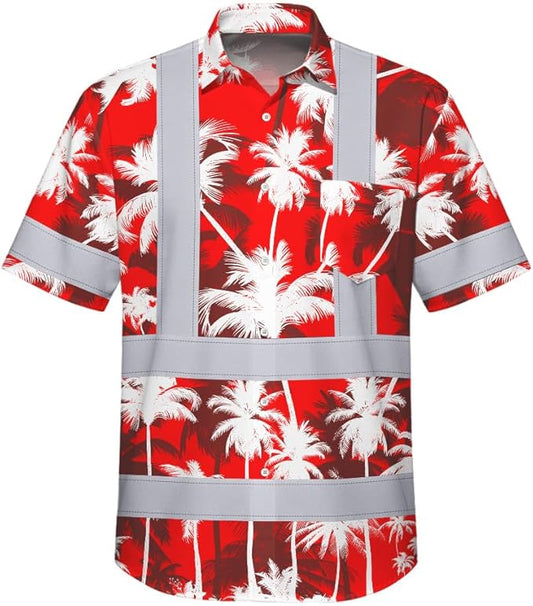 High Visibility Hawaiian Shirt for Men Tropical Shirts Custom Name Floral Outfit Reflective Safety Workwear