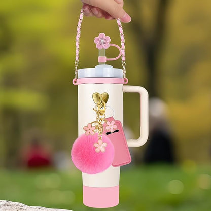 Velaco 11 PCS Accessories for Stanley Cup, Water Bottle Handle Strap for Stanley 30/40 oz tumbler with handle, including Straw Toppers, Silicone Cup Boot, Keychain Charms - PINK