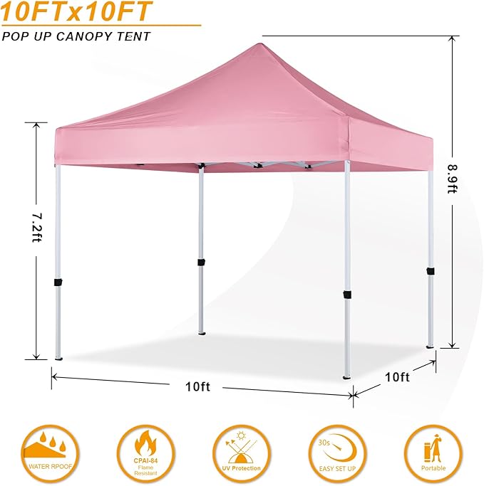 10x10 Pop Up Canopy Tent for Outdoor Commercial Instant Sun Shelter,Pink