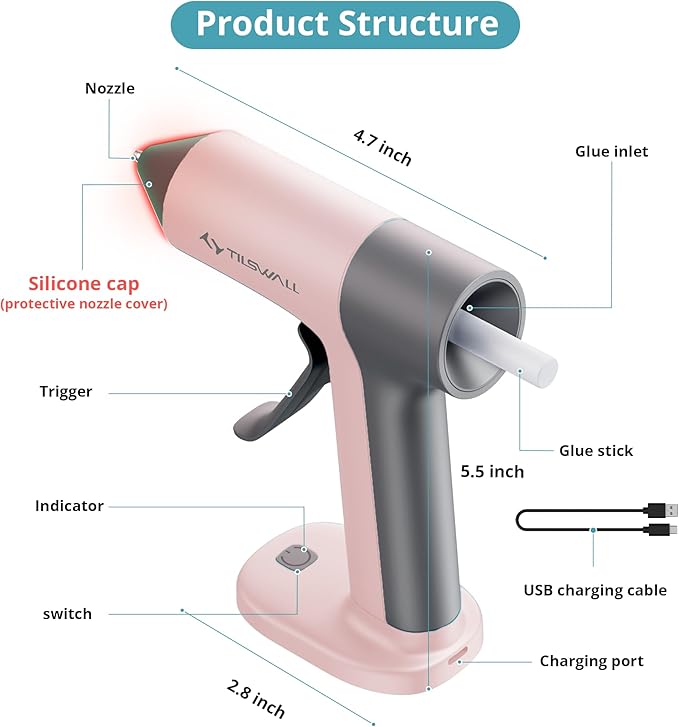 Tilswall Cordless Hot Glue Gun, 30s Fast Preheating with 2Ah Built-in Battery, Hot Melt Glue Gun with 20pcs Premius Glue Sticks, Smart Power-Off, USB-C Inputs Suitable for DIY Craft, Home Repaire Pink