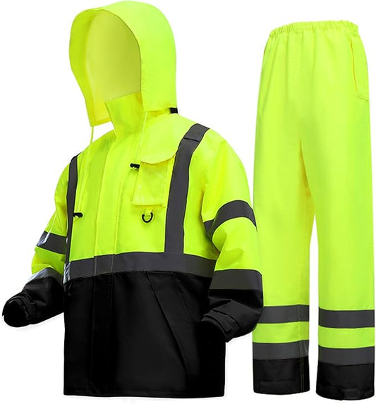 Safety Rain Jacket for Men Waterproof，Class 3 Hi Vis Rain Gear with Collapsible Hood， Breathable Rain Suits with Inner Mesh Lining and pocket，Reflective Waterproof Pants 4XL/5XL