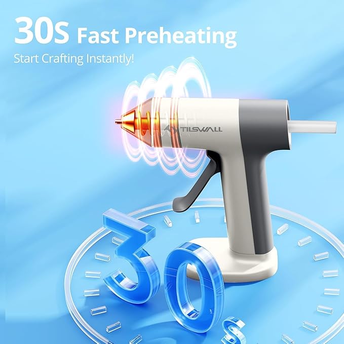 Tilswall 4V Cordless Hot Glue Gun, Rapid 30s Preheat with 20 Premium Glue Sticks (20x140mm), 2000mAh Type-C Rechargeable, Ideal for DIY Crafts, Home Repairs, and Gift Making - White
