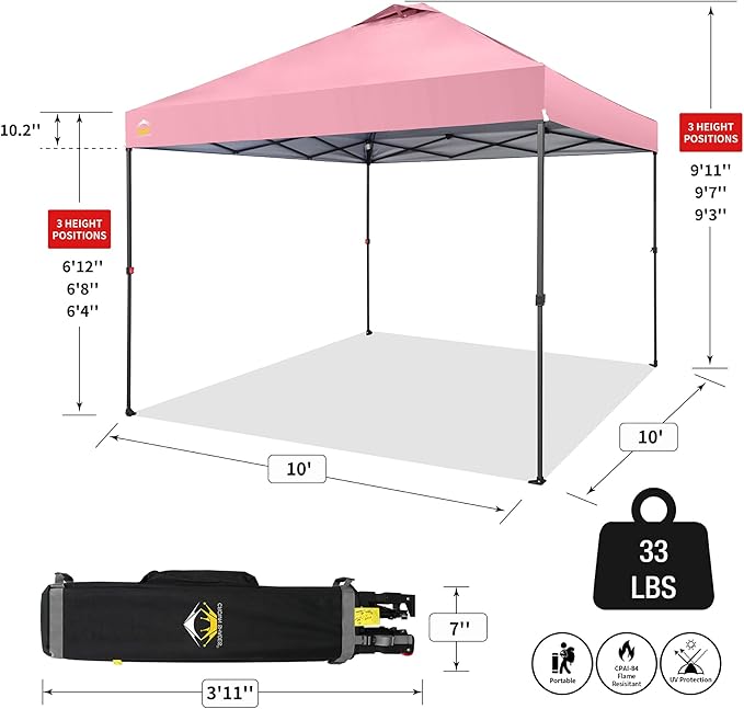 CROWN SHADES 10x10 Pop Up Canopy Tent - Patented Center Lock One Push Instant Outdoor Canopy Beach Tent with STO-N-Go Bag 8 Stakes & 4 Sand Bags，Pink