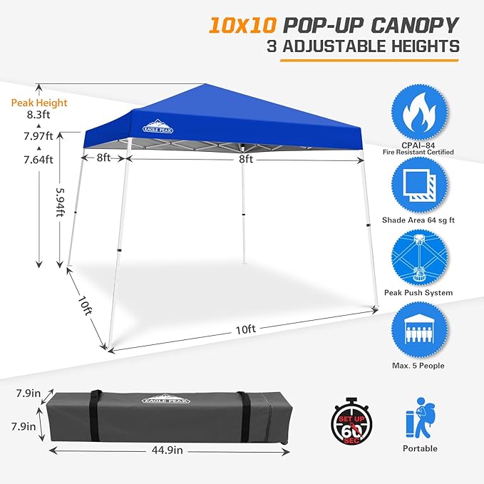 EAGLE PEAK 10x10 Slant Leg Pop-up Canopy Tent Easy One Person Setup Instant Outdoor Beach Canopy Folding Portable Sports Shelter 10x10 Base 8x8 Top (Blue)