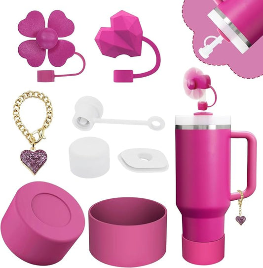 Stanley Cup Accessories Set,Including 2 Pcs 0.4in Straw Cover, 1 Silicone Spill-Proof Stopper Set of 3, 1 Cute Heart Handle Charm, 1 Silicone Boot Fits Stanley 40&30 Oz Tumbler (Fuchsia)