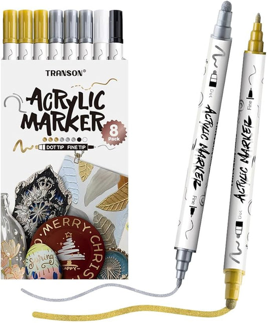 TRANSON 3 Gold, 3 Silver, 1 Black and 1 White Paint Markers Bold and Fine Dual-tip Acrylic Paint Marker Set for Rock Painting Glass Canvas Wood Leather Ceramic Painting