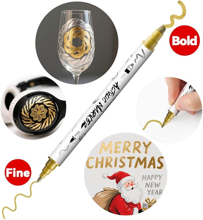 TRANSON 3 Gold, 3 Silver, 1 Black and 1 White Paint Markers Bold and Fine Dual-tip Acrylic Paint Marker Set for Rock Painting Glass Canvas Wood Leather Ceramic Painting