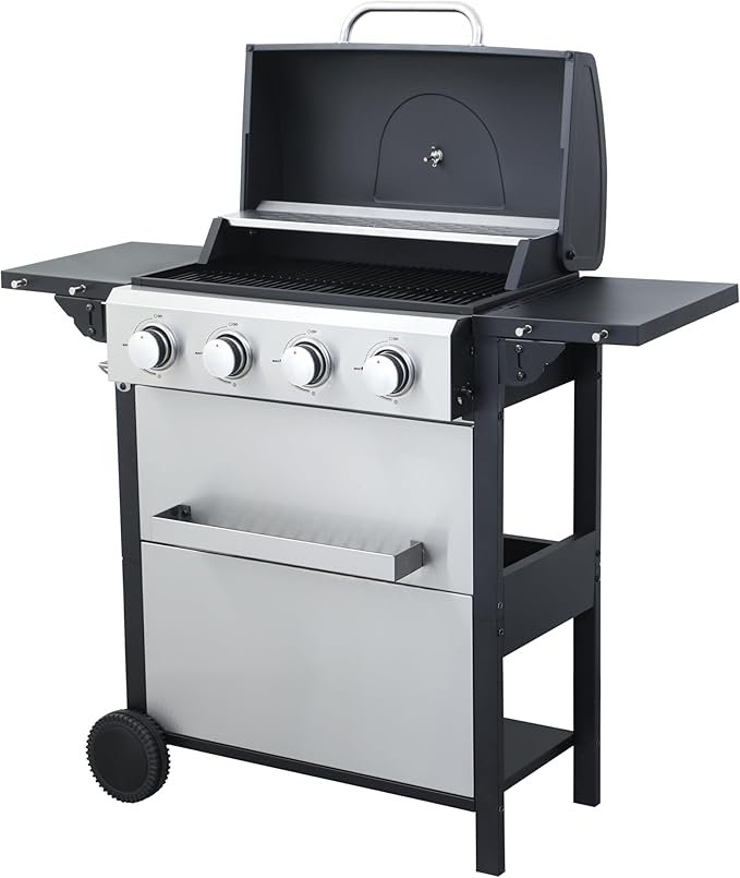 4-Burner Propane Gas BBQ Grill, 34200BTU Output With Wire Enamel Cooking Grids For Outdoor Barbecue, Foldable Side Table, Hanging Basket, Stainless Steel