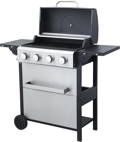 4-Burner Propane Gas BBQ Grill, 34200BTU Output With Wire Enamel Cooking Grids For Outdoor Barbecue, Foldable Side Table, Hanging Basket, Stainless Steel